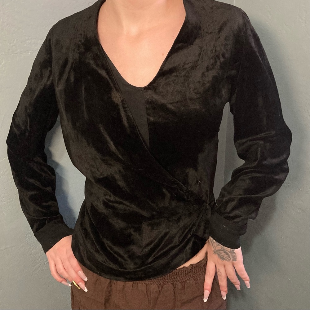 Antique 1920s Flapper Black Velvet Wrap Long Sleeve Top Size Medium